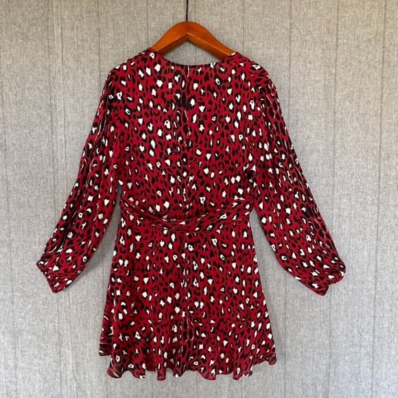 A.L.C. Michaela 100% Silk Red Cheetah Print Ballon Sleeve True Wrap Mini Dress - Picture 17 of 17